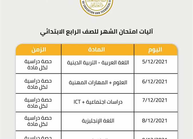 جدول امتحانات 4 و 5 و 6 ابتدائي 2024 الترم الثاني معتمد من الوزارة رابعة وخامسة وسادسة
