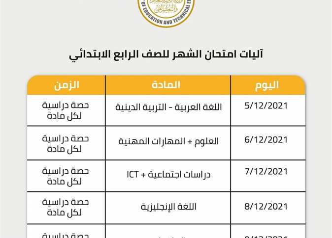 جدول امتحانات 4 و 5 و 6 ابتدائي 2025 الترم الثاني معتمد من الوزارة رابعة وخامسة وسادسة
