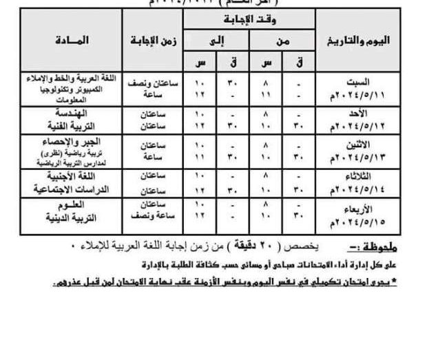 جدول امتحانات الصف الأول الاعدادي الترم التاني 2024 في جميع محافظات مصر وفقا للجدول المعلن من وزارة التربية والتعليم