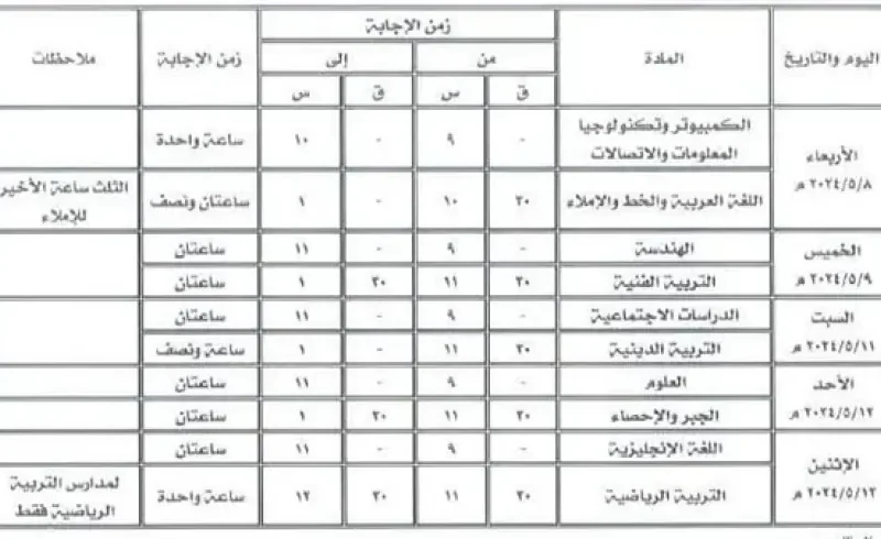 جدول امتحانات الصف الثالث الاعدادي لعام 2024 فى محافظة الجيزه والقليوبيه