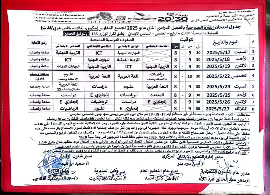 جدول امتحانات الصف السادس الابتدائي الترم الثاني 2025