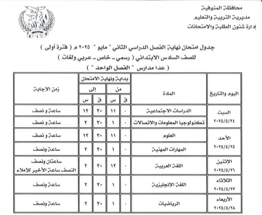 جدول امتحانات الصف السادس الابتدائي الترم الثاني 2025
