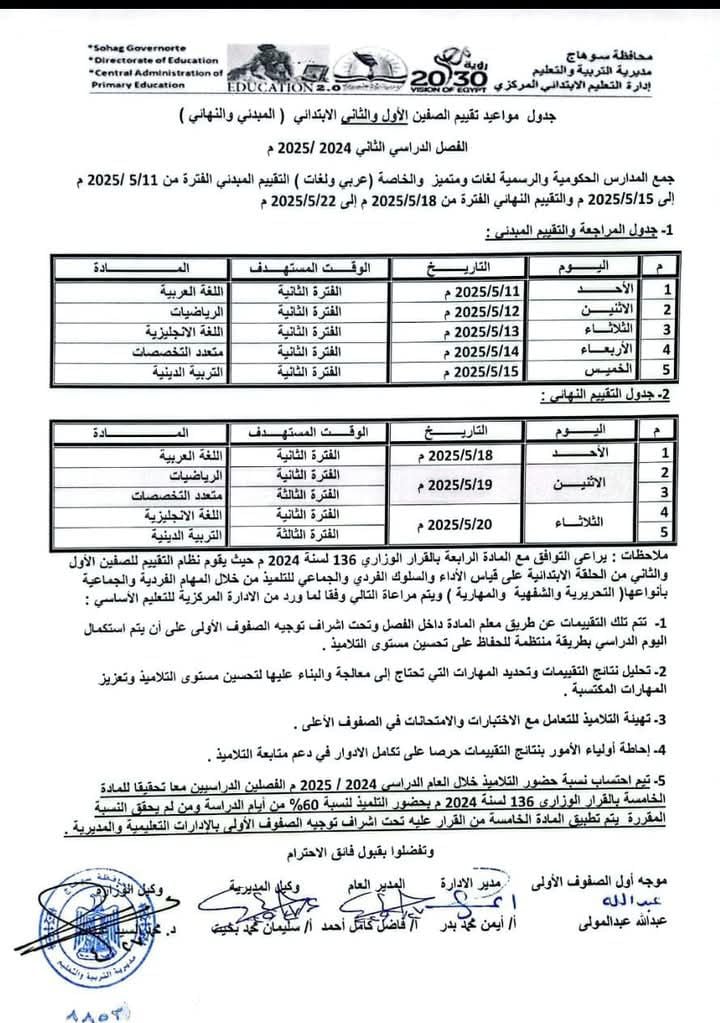 جداول تقييمات الترم الثاني 2025 المبدئية والنهائية لتلاميذ الصفين الأول والثاني الابتدائي