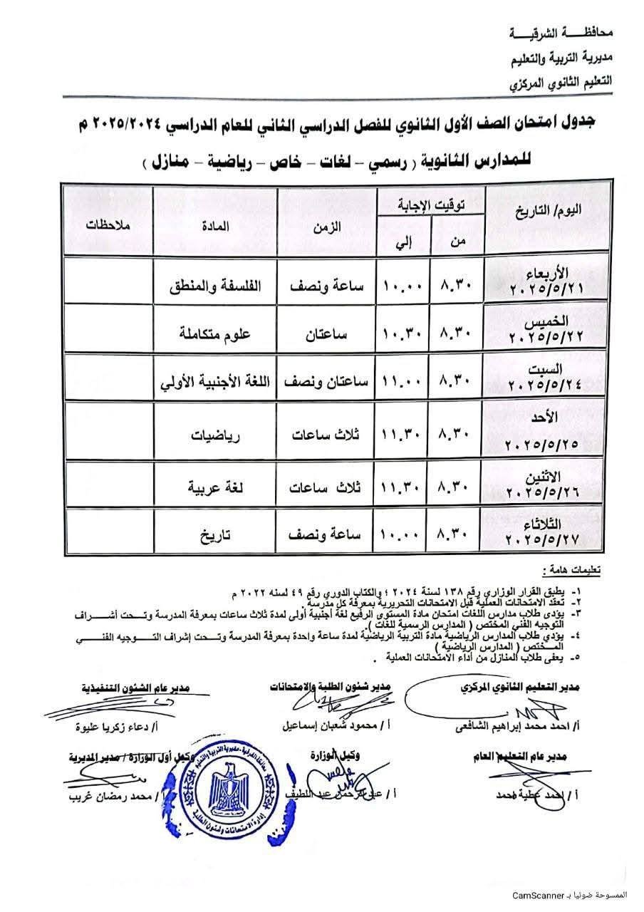 مواعيد امتحانات الصف الأول الثانوي الترم الثاني 2025