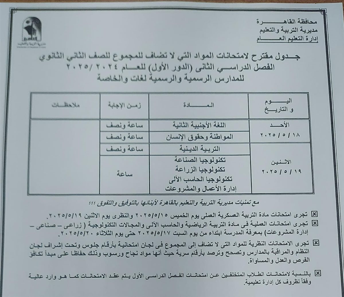 محافظ القاهرة يعتمد جدول امتحانات الفصل الدراسي الثاني للعام الدراسي 2024 / 2025