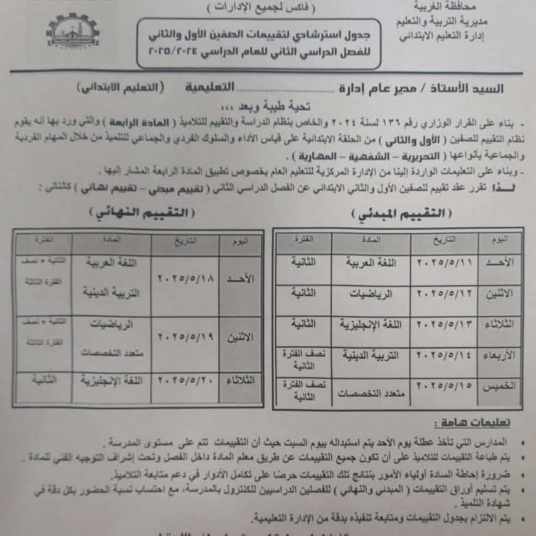 جداول تقييمات الترم الثاني 2025 المبدئية والنهائية لتلاميذ الصفين الأول والثاني الابتدائي