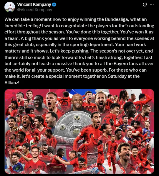أول تعليق من كومباني عقب تتويج بايرن ميونخ بلقب الدوري الألماني أول تعليق من كومباني عقب تتويج بايرن ميونخ بلقب الدوري الألماني
