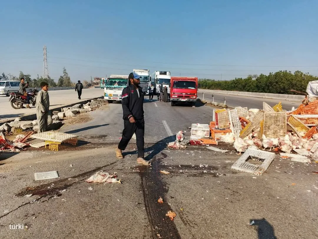 إصابة شخصين في انقلاب سيارة نقل محملة بالدواجن على الطريق الإقليمي