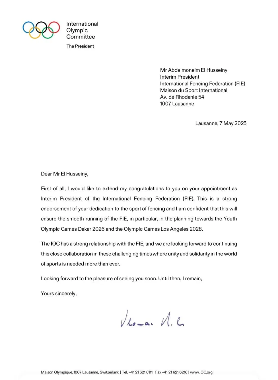 رئيس اللجنة الأولمبية الدولية يهنئ عبد المنعم الحسيني برئاسة الاتحاد الدولي للسلاح رئيس اللجنة الأولمبية الدولية يهنئ عبد المنعم الحسيني برئاسة الاتحاد الدولي للسلاح